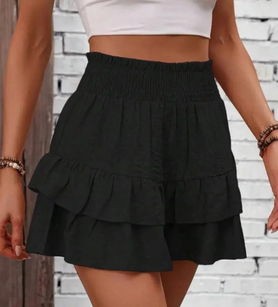 Ruffle Layered Shorts - Elastic Waist, Mid - Rise Fit - Zandorue