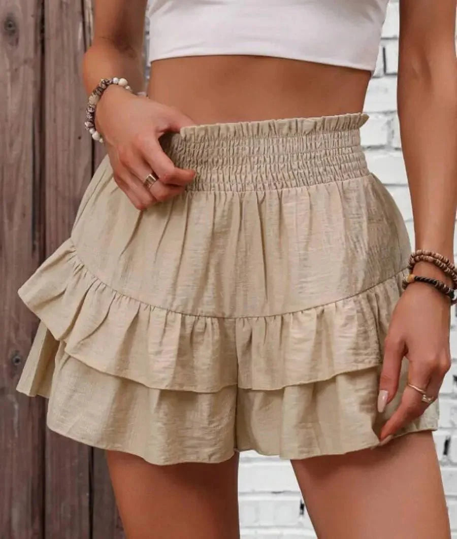 Ruffle Layered Shorts - Elastic Waist, Mid - Rise Fit - Zandorue