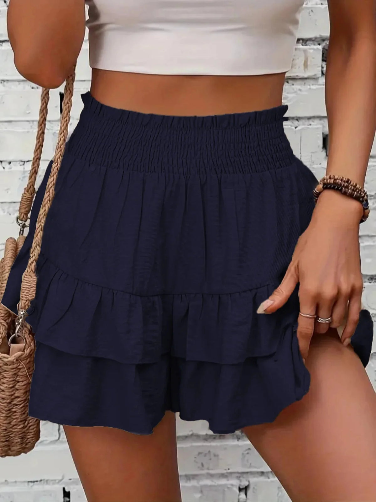 Ruffle Layered Shorts - Elastic Waist, Mid - Rise Fit - Zandorue