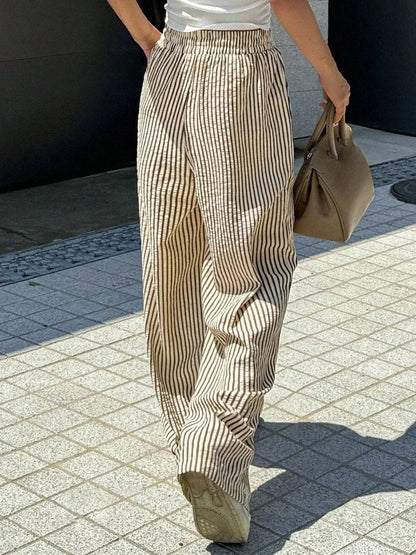 Womens Striped Print Drawstring Waist Wide Leg Pants - Zandorue