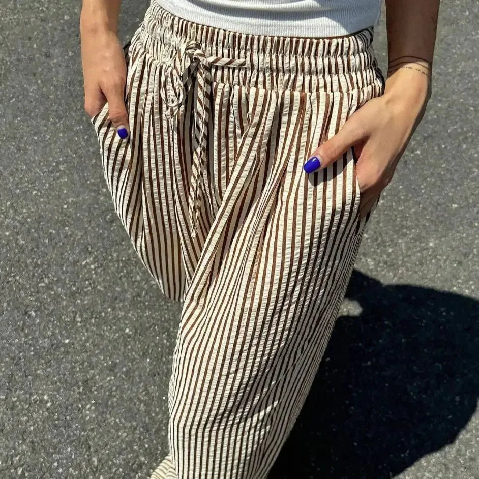 Womens Striped Print Drawstring Waist Wide Leg Pants - Zandorue