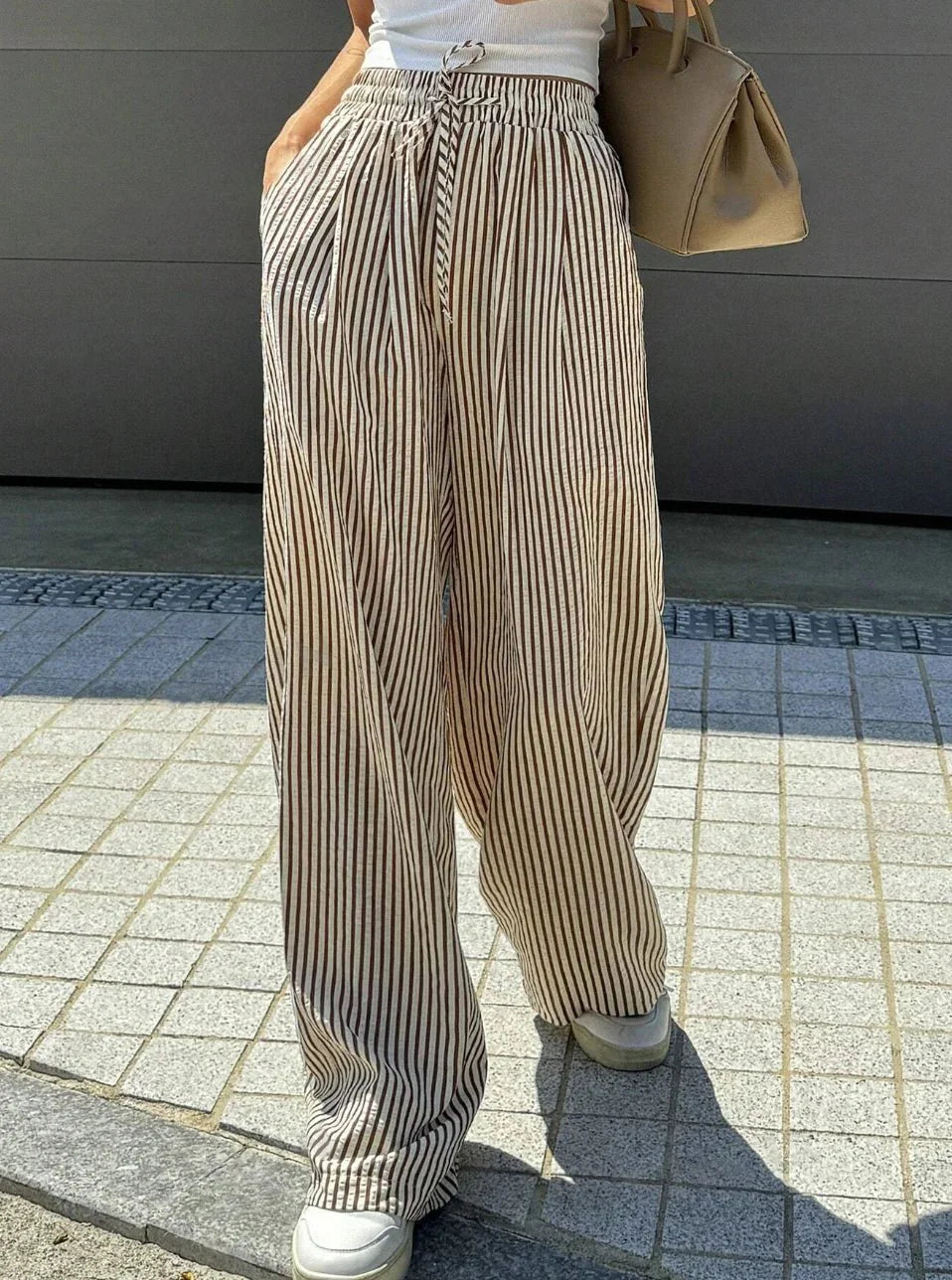 Womens Striped Print Drawstring Waist Wide Leg Pants - Zandorue